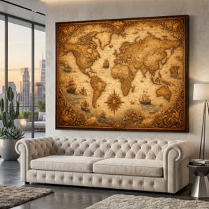 Op de afbeelding: Een grote, ingelijste vintage wereldkaart in bruin- en beigetinten, met ingewikkelde details van continenten, oceanen en zeilschepen. De kaart is aan een muur bevestigd boven een gecapitonneerde beige bank.
