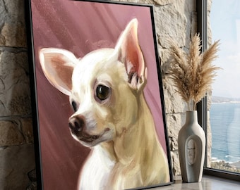 Lindo retrato de perro chihuahua en lienzo, arte de pared para perros pequeños, impresión de animales, decoración del hogar, listo para colgar.