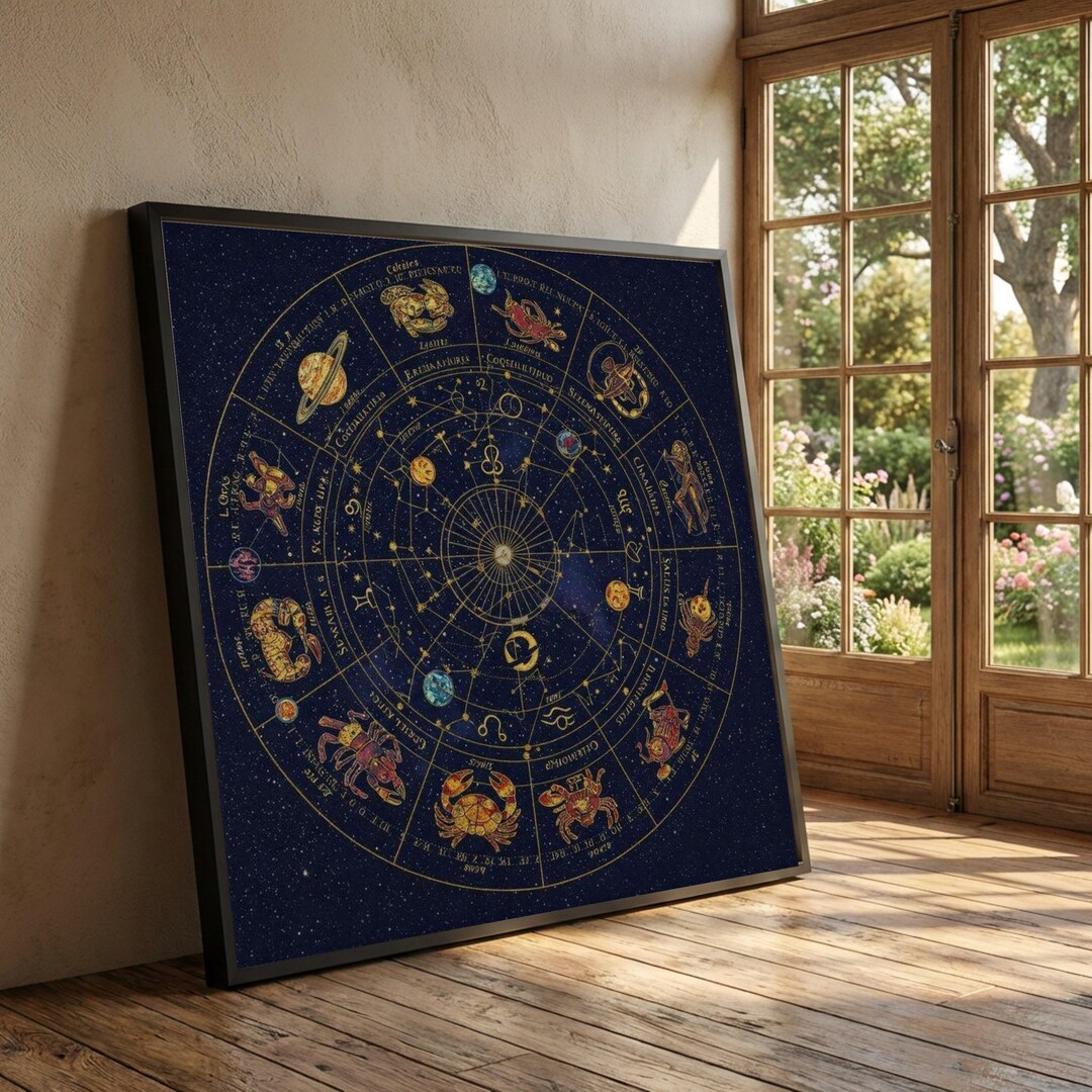 Vintage Zodiac Wheel Canvas, Astrology Star Sign Wall Art, Celestial ...