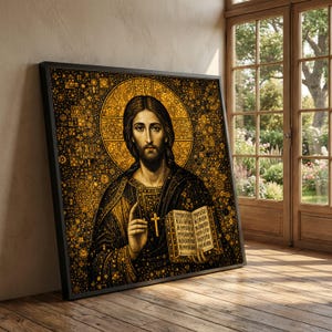 May include: Framed religious artwork depicting Jesus Christ with a golden halo, cross, and book. The image has a dark background with intricate golden patterns. The artwork is leaning against a wall, with a wooden floor and a window in the background.