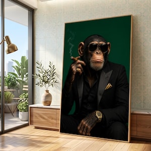 May include: A framed art print featuring a chimpanzee wearing sunglasses, a black suit, and a gold watch, smoking a cigar. The background is a dark green color.