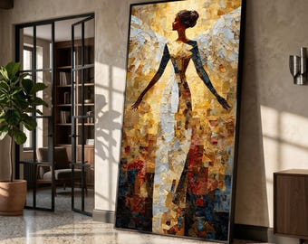 Elegant Angel Silhouette Canvas, Gold Tone Wall Art, Abstract Female Figure, Modern Spiritual Decoration, Large Canvas Painting