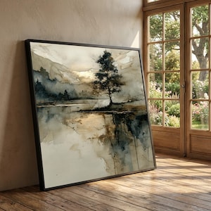 Tela con riflesso di un lago tranquillo, paesaggio minimalista con alberi, scena naturale da appendere al muro, sereno stile acquerello, complemento d'arredo per la casa.