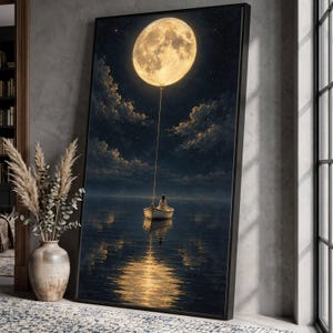 Tranquil Moonlight Boat Ride Canvas, Full Moon Balloon Wall Art, Night Sky Reflection Canvas, Dreamy Landscape Decoration, Home Canvas Art