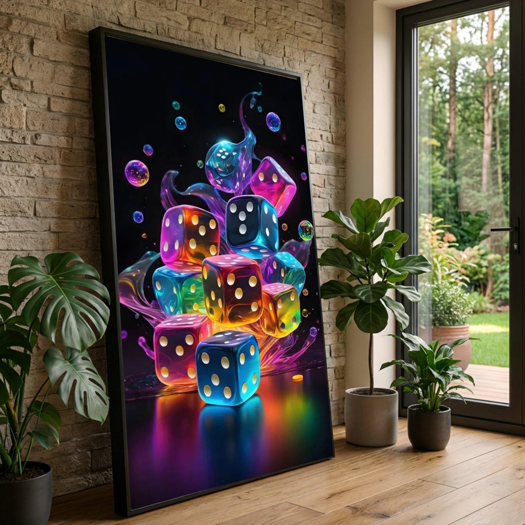 Exploding Abstract Dice Drawing Colorful Dice Explosion Canvas, Neon Game Art, Abstract Gambling Wall ...