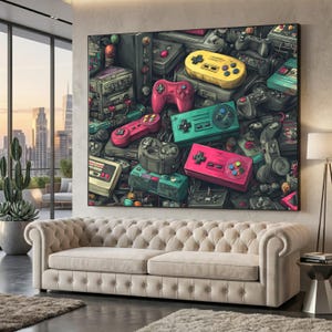 Colorful Retro Game Controllers Canvas, Vintage Gaming Console Wall Art, Classic Video Game Decor, Gamer Room Canvas, Nostalgic Electronics