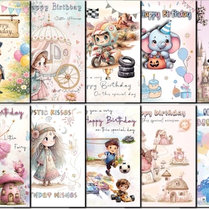 Pode incluir: Uma coleção de cartões de aniversário coloridos com várias ilustrações. Os designs incluem um menino com um letreiro, uma princesa com uma carruagem, um piloto de corrida, um elefante, uma menina com uma girafa, uma fada e um dinossauro. Cada cartão tem a frase "Feliz Aniversário".