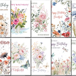 Op de afbeelding: Een verzameling verjaardagskaarten met bloemige aquarelontwerpen. Elke kaart bevat teksten als "Happy Birthday" en "With Love". De kaarten tonen diverse bloemarrangementen in roze, blauwe en oranje tinten, perfect om te vieren.
