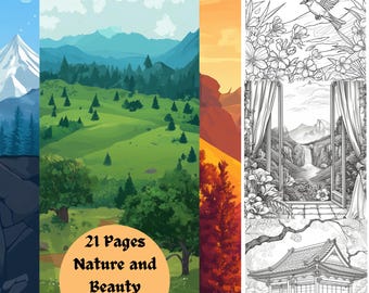 May include: A coloring book with a nature theme, featuring illustrations of landscapes and detailed drawings. The cover includes the text "21 Pages Nature and Beauty Fun to Color." The book showcases various scenes, including mountains, forests, and detailed floral and architectural designs.