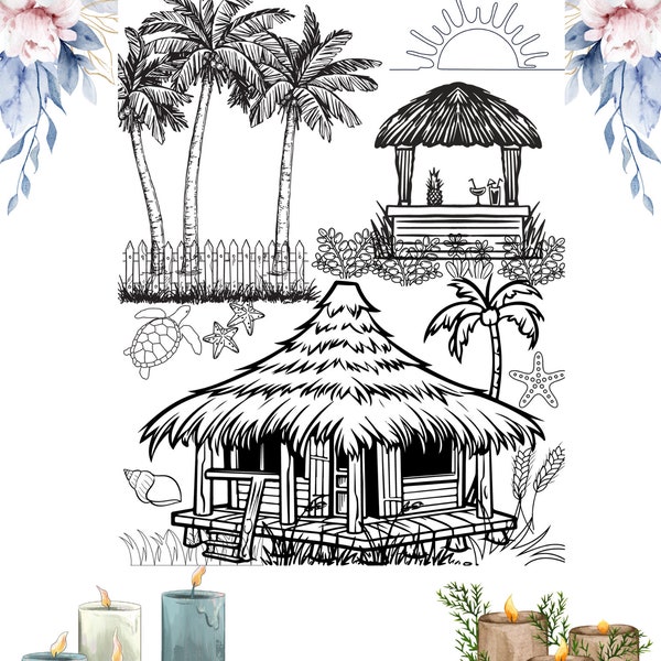 Coloring pages digital download Tiki hut, log home, tent, zoo, mountain, beach ready to download PNG/Pack of 5/ Adult coloring, stres