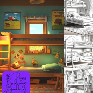 Puede incluir: Un libro para colorear con 36 páginas de camas y literas para colorear. La portada presenta una ilustración de dibujos animados de una habitación con una litera, una alfombra y una ventana. El texto en la portada dice "36 Páginas Camas y Literas Divertido para colorear".
