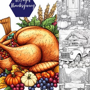 Peut inclure: Un livre de coloriage de Thanksgiving avec 85 pages représentant une dinde rôtie, des citrouilles, des raisins et d'autres images de la récolte d'automne. La couverture présente une illustration détaillée d'une dinde rôtie entourée de fruits et de légumes d'automne.