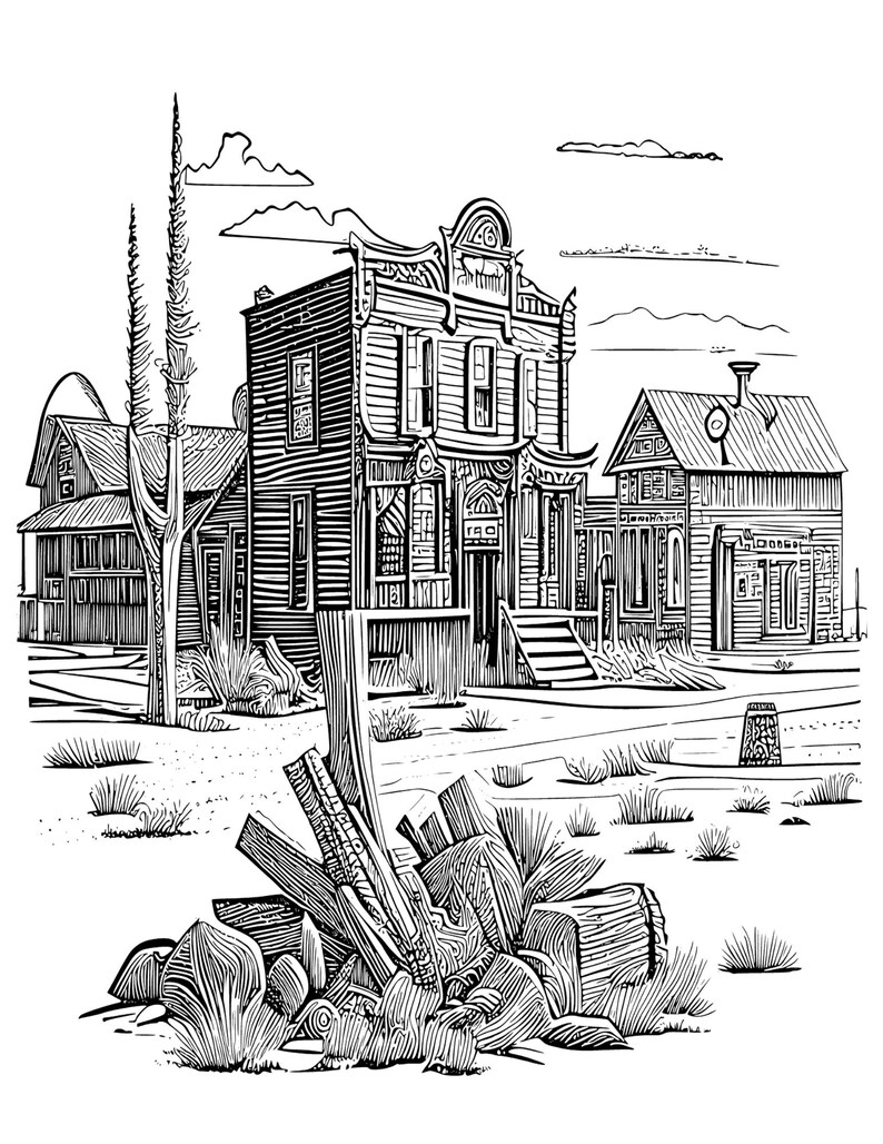Coloring Pages West and Ghost Towns, Digital Download PNG Adult ...