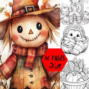 May include: A colouring book with 36 pages featuring autumn-themed illustrations. The cover features a watercolour illustration of a friendly scarecrow with a red and black plaid scarf. The book includes illustrations of a hedgehog, a child sitting on a rocking chair, and a basket of autumn fruits and vegetables.