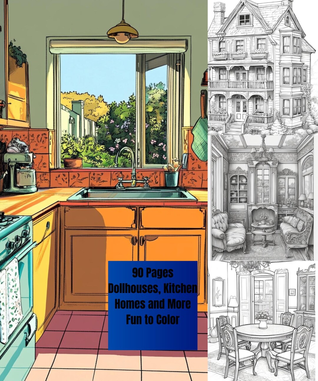Home Interiors Coloring Pages, Mega Bundle, 90 PNG Art Therapy Designs ...