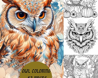 Wise Owls Coloring Pages, Mega Large Bundle 57 Detailed Adult Coloring Sheets (Digital Download)