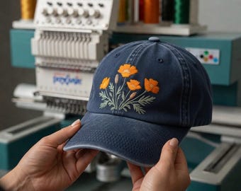 Embroidered California Poppy Cotton Baseball Cap, Botanical Floral Nature Hat