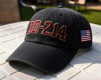 DD-214 Veteran Embroidered Washed Cotton Cap, USA Flag Dad Hat