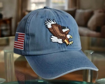 Embroidered Eagle Dad Hat, Vintage USA Flag Patch, Retro Wildlife Baseball Cap