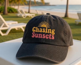 Embroidered Sunset Hat, Retro Bubble Font Beach Vacation Cap