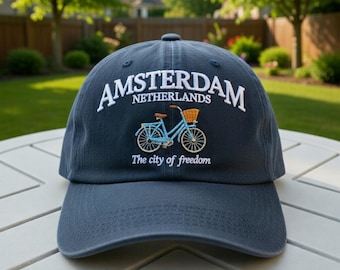Amsterdam Netherlands Embroidered Bicycle Hat, Vintage City of Freedom Baseball Cap
