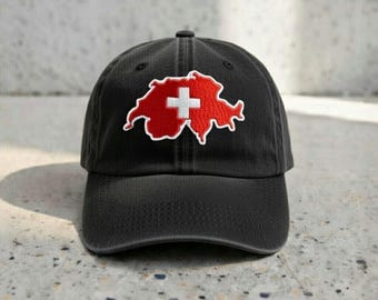 Embroidered Switzerland Flag Dad Hat, Swiss Map Patch, Beige Baseball Cap
