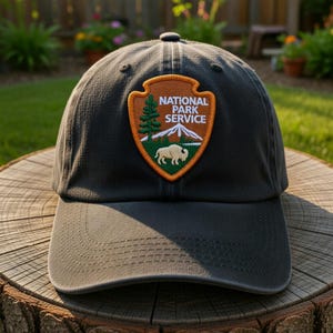 May include: A charcoal gray baseball cap featuring an embroidered National Park Service patch on the front. The patch is shield-shaped with an orange border and displays a green pine tree, a white mountain, and a white bison with text.