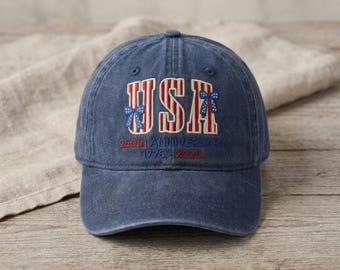 250th Ribbon USA Embroidered Baseball Cap, Navy Blue Cotton Hat