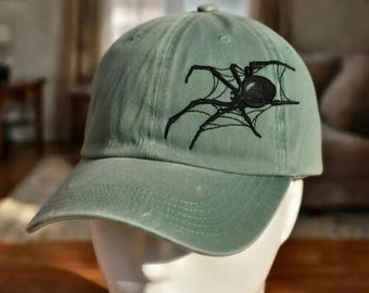 Black Widow Spider Web Embroidered Dad Hat, Vintage White Baseball Cap, Gothic Spooky Insect Hat, Retro Wildlife Nature Gift, Cotton Sun Cap