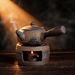 May include: A brown ceramic teapot with a carved wooden handle sits on a matching warmer. A lit candle inside the warmer provides a warm glow. Steam rises from the teapot's spout, suggesting hot tea.