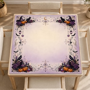 May include: A square table mat featuring a light purple gradient background with a decorative border of Halloween elements including black witch hats, orange pumpkins, purple roses, black cats, ghosts, bats, spiders, webs, and lanterns.