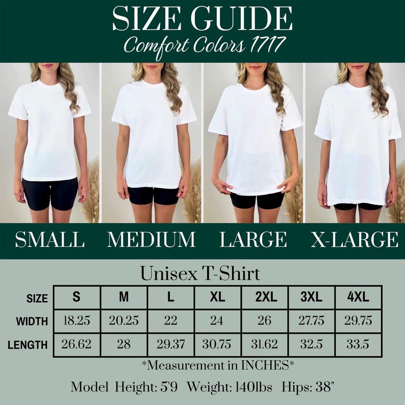 Comfort Colors 1717 Size Guide, Unisex T-Shirt Sizing Chart, Garment Measurements, Sizes S-4XL, Width Length Info, Apparel Sizing