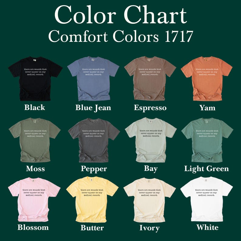 Comfort Colors 1717 Color Chart Mockup, Invisible Wounds Quote T-Shirt Display, Digital Download, All Comfort Colors 1717 Available, Shop