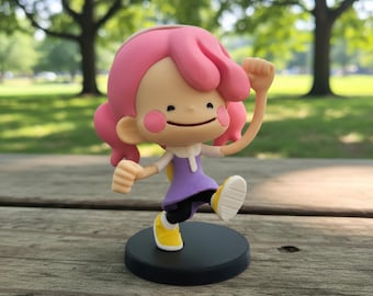 May include: A colorful figurine of a cartoon character with pink hair, a purple dress, and yellow shoes. The figure is posed mid-stride on a black circular base, with a park and trees in the background. The figure has rosy cheeks and a small smile.