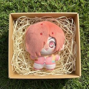 May include: A plush doll with pink hair and a pink outfit, presented in a brown cardboard box filled with straw. The doll has a detailed face with large eyes and is designed in a cartoon style. The doll is a collectible item.