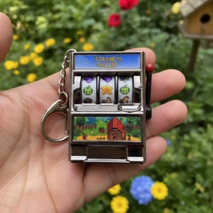 Puede incluir: Llavero de máquina tragamonedas plateada en miniatura con el texto "Stardew Valley". Los carretes muestran varios iconos del juego. El panel inferior muestra un paisaje con un granero rojo. Una palanca roja está en el lateral.