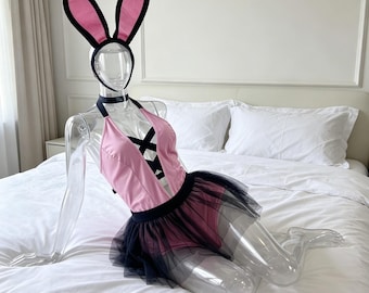 カスタマイズ可能、ピンクバニーコスチュームセット、耳とチュチュスカート付きハロウィンコスプレコスチューム、パーティーやロールプレイ用の大人用バニーランジェリーセット