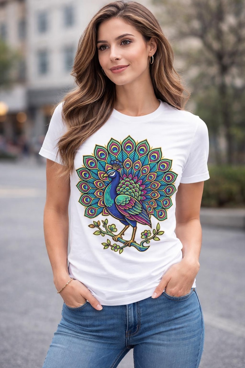 May include: White t-shirt featuring a colorful peacock design. The peacock is depicted with vibrant blue, green, purple, and yellow feathers, perched on a branch with green leaves. The shirt is a classic crew neck style.
