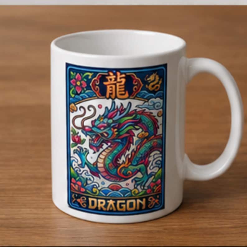 May include: White ceramic mug featuring a colorful dragon design. The dragon is depicted in shades of blue, green, red, and yellow, with the word "DRAGON" at the bottom. The mug has a curved handle and is suitable for hot or cold beverages.