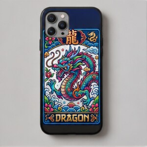 May include: A phone case with a colorful dragon design. The dragon is depicted in shades of blue, green, and red, with intricate details. The case has a navy blue top and bottom, and the word "DRAGON" is at the bottom.