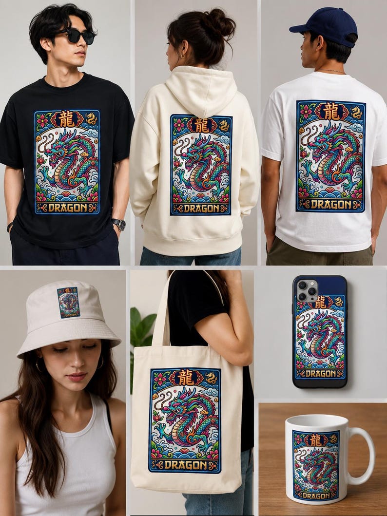 May include: A collection of apparel and accessories featuring a colorful dragon design. Items include a black t-shirt, white hoodie, white t-shirt, bucket hat, tote bag, phone case, and a mug. The dragon design is framed with floral and scroll elements.