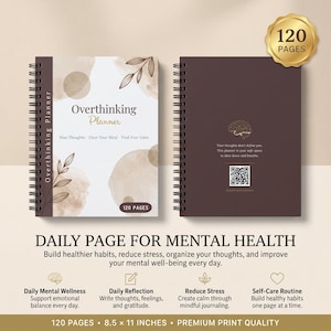Peut inclure: Un agenda à spirales Overthinking Planner de 120 pages, mesurant 21,59 x 27,94 cm. La couverture avant est blanche avec des cercles aquarelle marron et des illustrations de feuilles. Le dos est marron foncé avec une icône de cerveau et un QR code.