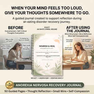 Peut inclure: Un journal à reliure spirale A4 intitulé Nourish & Heal, An Eating Disorder Recovery Journal. La couverture présente une illustration douce en vert et pêche d'un chemin menant à une plante. Le texte indique : When your mind feels too loud, give your thoughts somewhere to go.