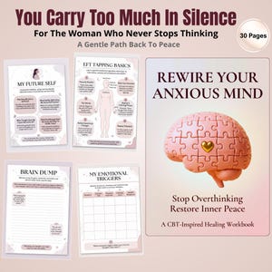 Peut inclure: Un cahier de 30 pages intitulé Rewire Your Anxious Mind avec un cerveau en pièces de puzzle rose et un cœur doré. Le cahier comprend des pages pour My Future Self, EFT Tapping Basics, Brain Dump et My Emotional Triggers avec du texte.