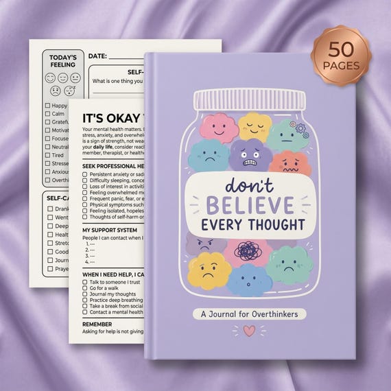Don't Believe Every Thought Journal | Anxiety Relief Workbook PDF | Overthinking Journal | Mental Health Printable | Self Care Planner