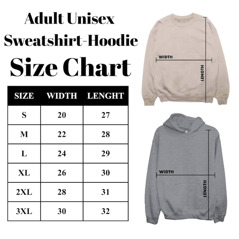 May include: An image showing an adult unisex sweatshirt-hoodie size chart. The chart displays sizes S to 3XL with width and length measurements in inches. Two sweatshirts, one beige and one grey, are shown with width and length indicators.
