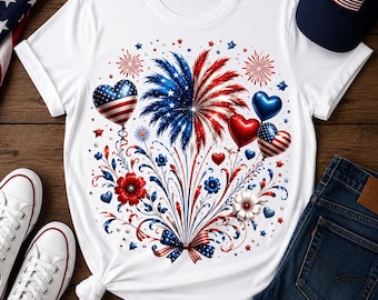 4th of July Shirt, Fireworks USA Tee, Patriotic Shirt, American Flag Shirt, Independence Day Tee, Red White Blue Shirt, Freedom Tee