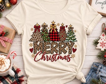 Camiseta navideña con estampado de leopardo, camiseta gráfica de Feliz Navidad, camiseta con estampado de árboles de Navidad a cuadros de búfalo, camiseta navideña de moda, regalo festivo para mujer.