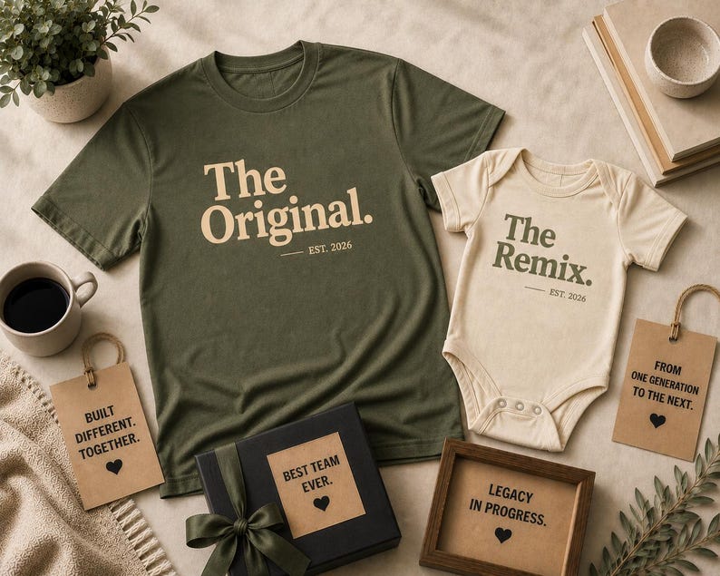 Może przedstawiać: Oliwkowozielony t-shirt z napisem The Original. EST. 2026 oraz kremowe body dziecięce z napisem The Remix. EST. 2026. Zestaw zawiera zawieszki prezentowe z frazami Built Different. Together., From One Generation To The Next. oraz Legacy In Progress.