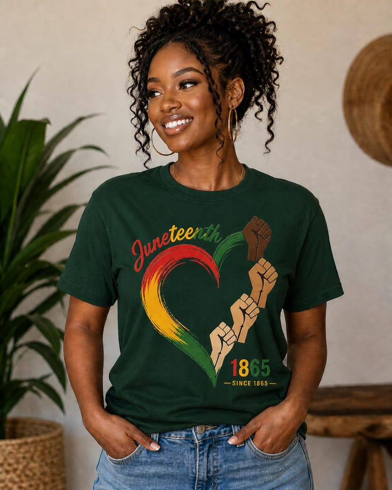 May include: Dark green t-shirt featuring a heart-shaped design in red, yellow, and green, with the word "Juneteenth" in script. The design includes raised fists and the year "1865". The shirt is worn by a person with curly hair.